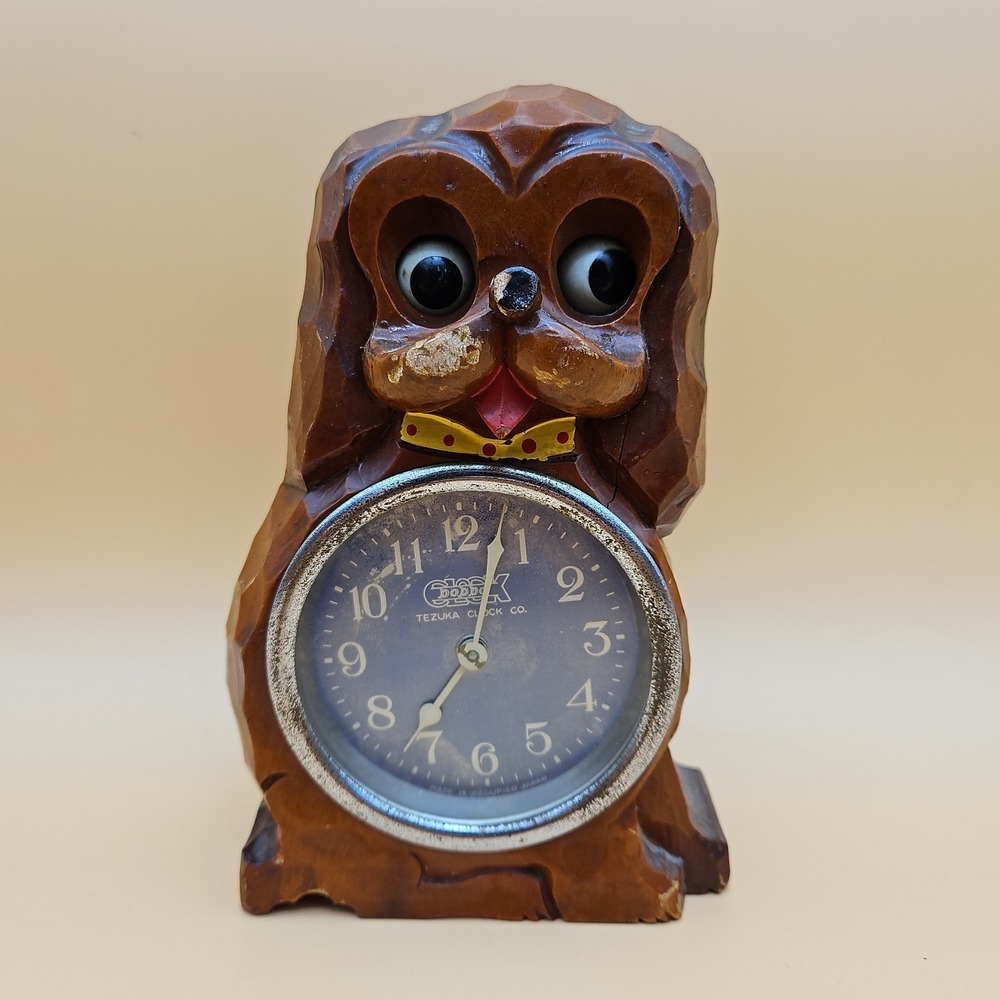 Vintage Japan Carved Wood Dog Poppo Alarm Clock By Tezuka Read Description